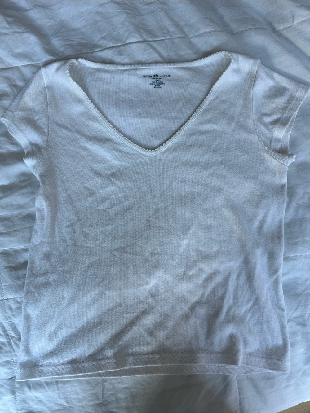 Brandy Melville White V-Neck Short Sleeve Tee